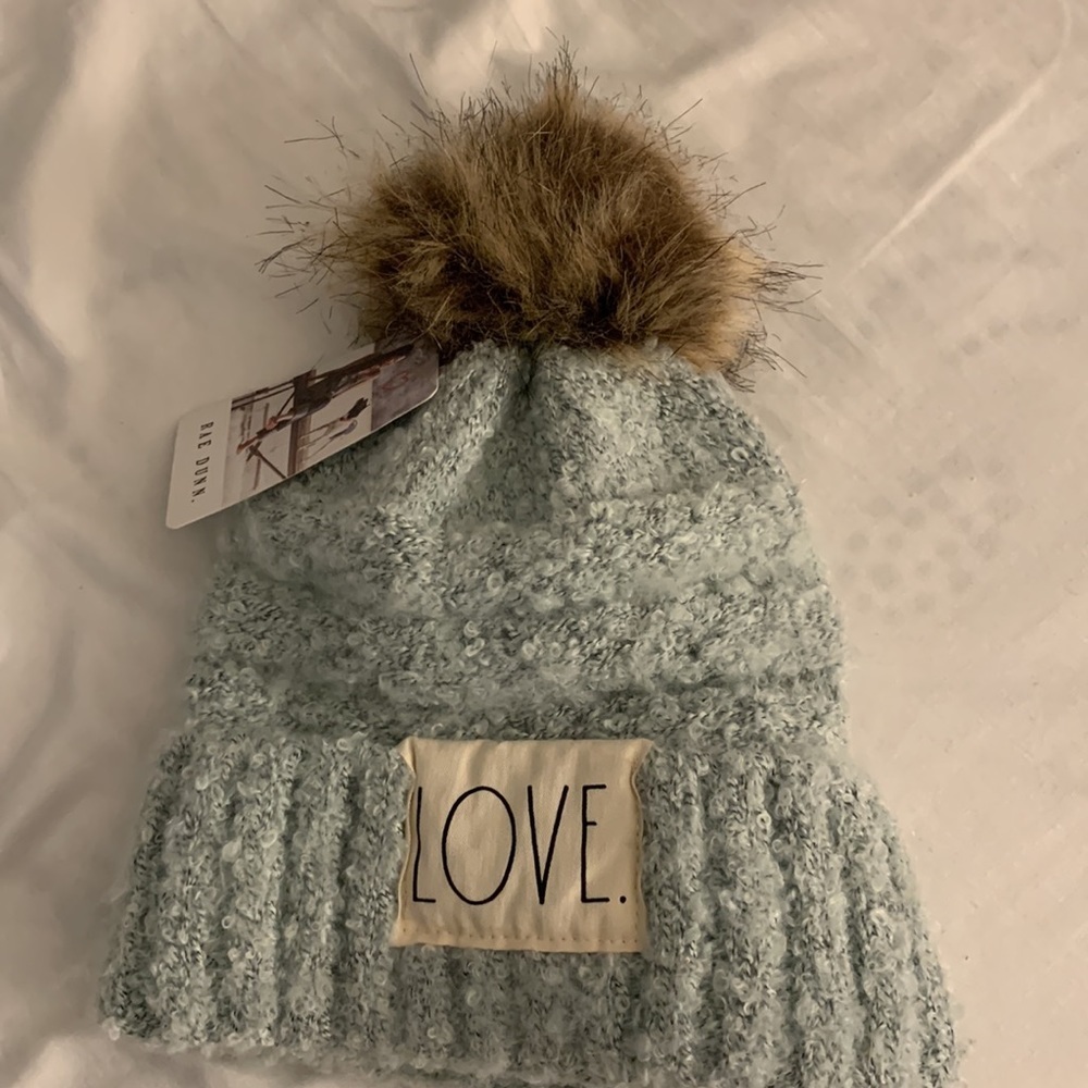 Rae Dunn David and Young Pom Pom Faux Fur Love Beanie Hat Blue - Picture 2 of 3